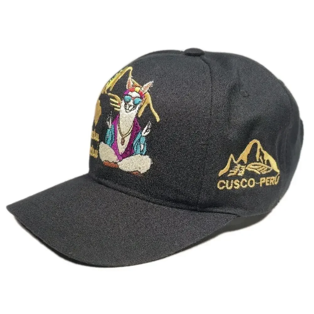 Machu Picchu Embroidered Black Strapback Hat Cap Meditating Llama Whimsical